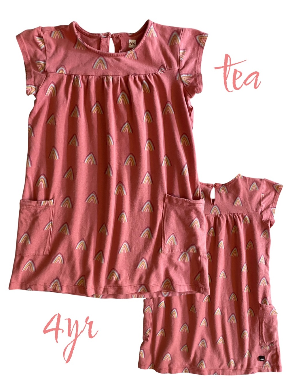 Tea Collection Rainbow Print Pocket Dress Girls Size 4T Pink Short Sleeve